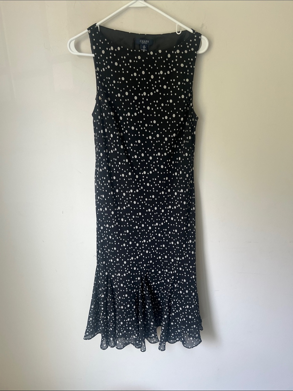 Chaps sleeveless midi dress black white polka dots gore hem size 12 ^